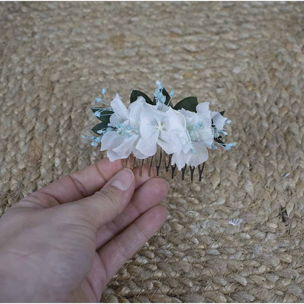 Peina sencilla blanca y celeste María