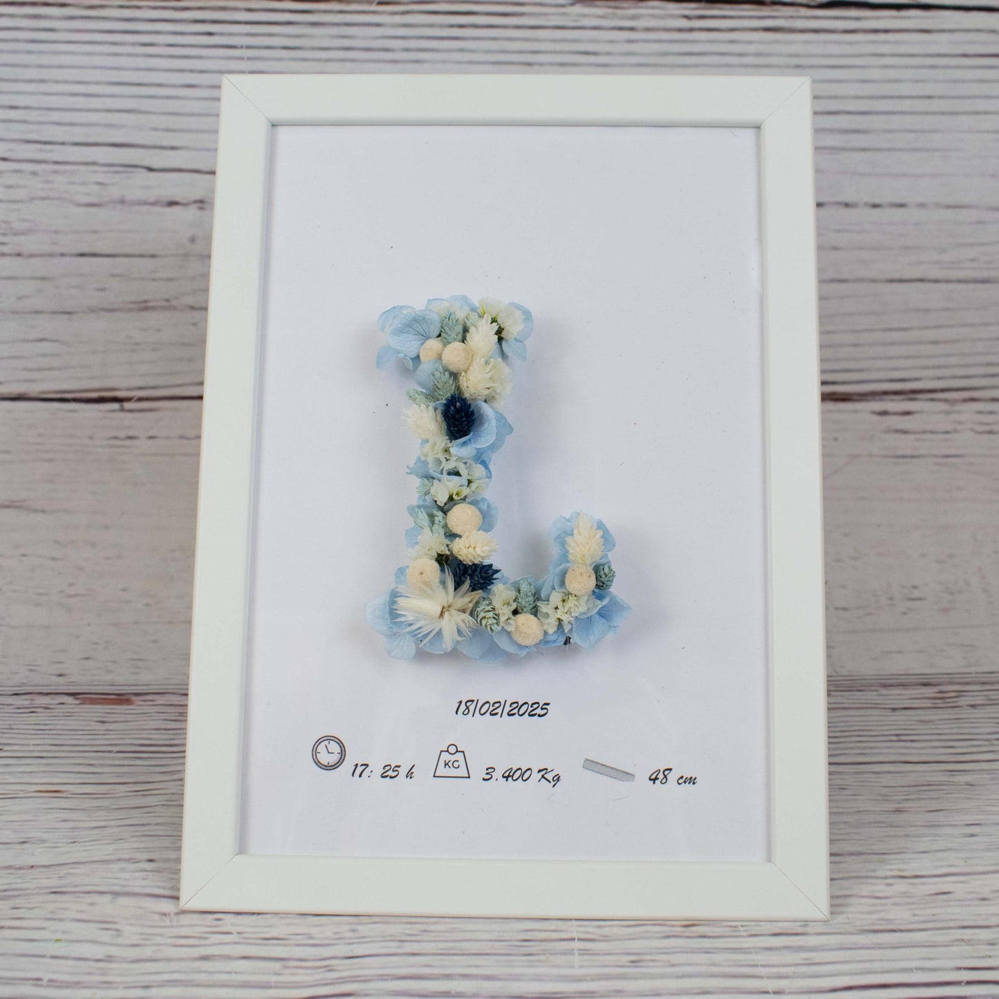 Marco con inicial de flores preservadas Nacimiento