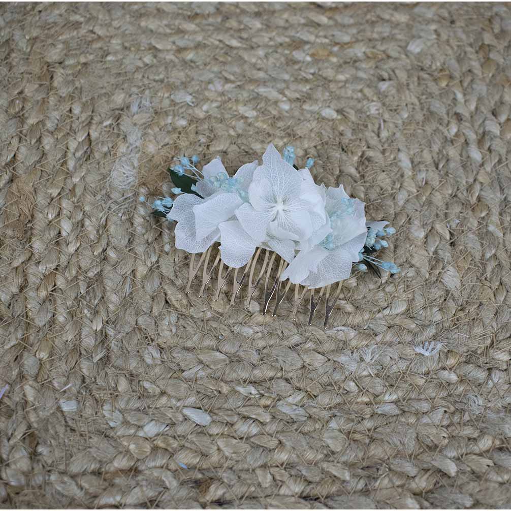 Peina sencilla blanca y celeste María
